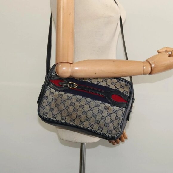 GUCCI GG Canvas Sherry Line Shoulder Bag Vintage Navy Gold Auth - Picture 1 of 16